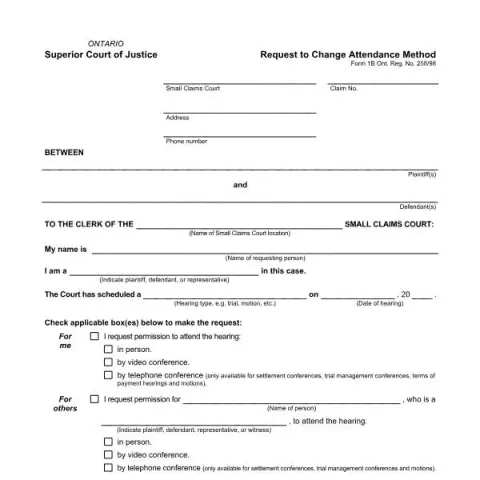 Document preview: Understanding the Request to Change Attendance Method Form in Ontario — Legal & justice (SCR 1.07-1B)