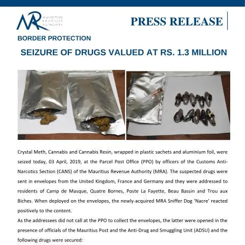 Document preview: Mauritius Customs Seize Rs 1.3 Million in Drugs at Border — Government & admin (CERFA n°PressRelease030419)