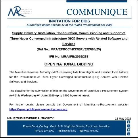 Document preview: Mauritius Revenue Authority Seeks Bidders for HCI Server Project — Government & admin (CERFA n°Communique130525)
