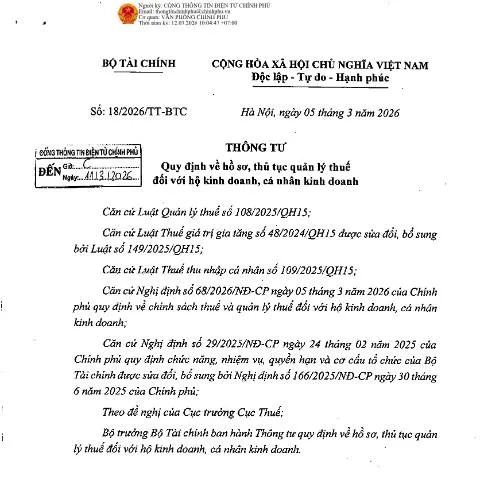Document preview: Quy định mới về quản lý thuế cho hộ kinh doanh tại Việt Nam — Thuế & tài chính (CERFA n°18/2026/TT-BTC)