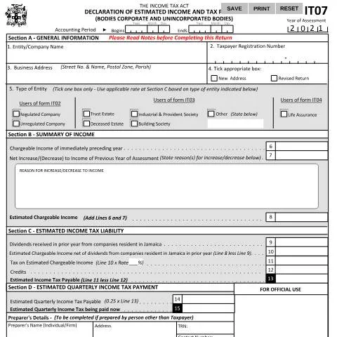 Document preview: Understanding the Official IT07 2021 Form in Jamaica — Taxes (CERFA n°IT07_2021)