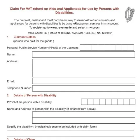 Document preview: VAT Refund Claim for Disability Aids and Appliances — Taxes (VAT 61A)