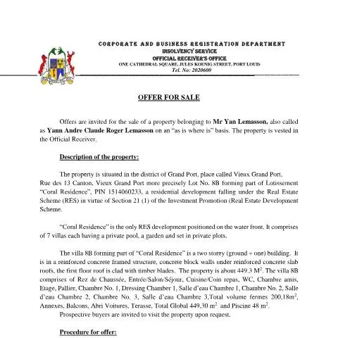 Document preview: Understanding the Offer for Sale ,  Yan Lemasson in Mauritius — Government & admin (Offer-for-sale-Yan-Lemasson)