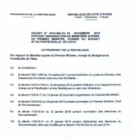 Aperçu du document Organisation du ministère ivoirien du Budget selon le décret 2016-869 — Démarches administratives