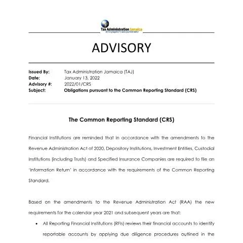 Document preview: Understanding Jamaica's CRS Obligations for Financial Institutions — Taxes (CERFA n°Obligations+pursuant+to+the+CRS+012022)