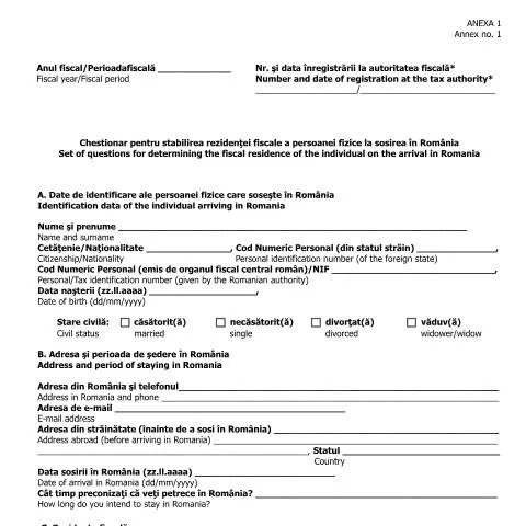 Document preview: Determinarea rezidenței fiscale la sosirea în România — Impozite & fiscalitate (CERFA n°A1_OMFP_1099_2016)