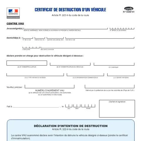 Aperçu du document Déclaration d'intention de détruire son véhicule : guide complet — Véhicule & permis (CERFA n°14366*01)