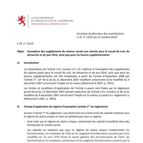 Aperçu du document Comprendre l'exonération des suppléments de salaire au Luxembourg — Démarches administratives (CERFA n°2021-10-22-LIR-115-5-du-21102021)