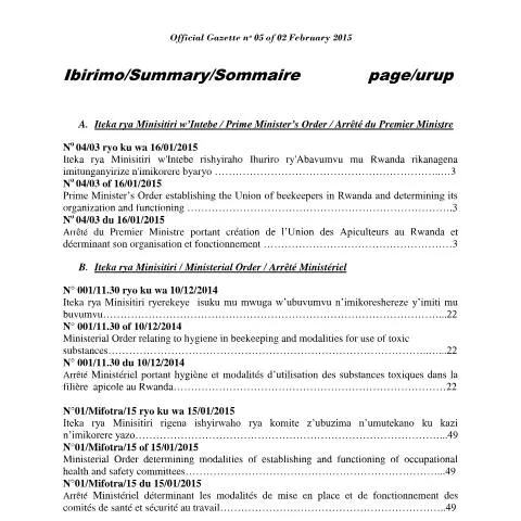 Document preview: Rwanda Ministerial Order on Workplace Health and Safety — Health (CERFA n°ministerial_order_on_health_and_safety_at_work_official_gazette_no_05_of_02_02_2015_copy_mgq8a8_2207a8e00f)