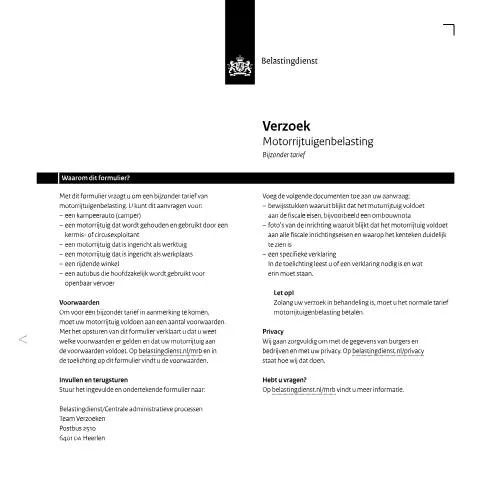 Documentvoorvertoning: Aanvraag voor motorrijtuigenbelasting bijzonder tarief in Nederland — Belastingen (CERFA n°mb1021z29fol)