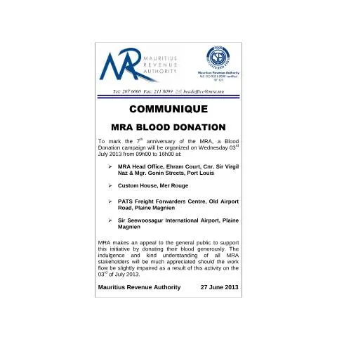 Document preview: Mauritius Revenue Authority Blood Donation Drive 2013 — Government & admin (CommuniqueBloodDonation2013)