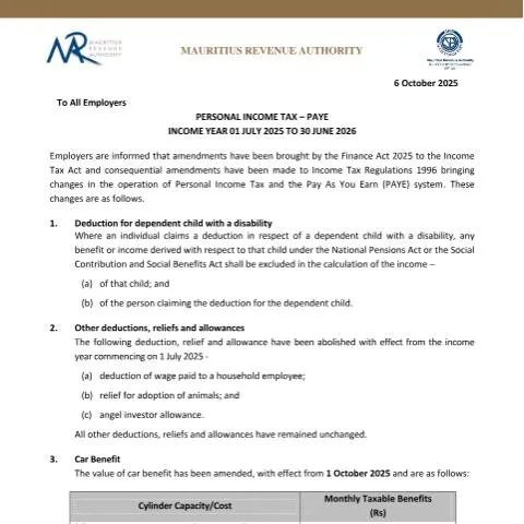 Document preview: Mauritius Employers Circular on Payroll Taxes for 2025-2026 — Government & admin (PayrollTaxes)
