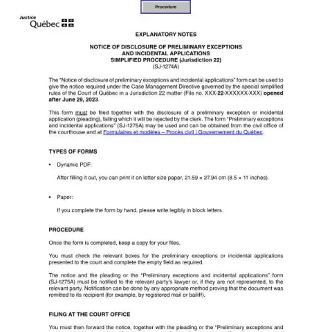 Document preview: Understanding the Court of Quebec Notice of Preliminary Exceptions — Legal & justice (SJ-1274A)