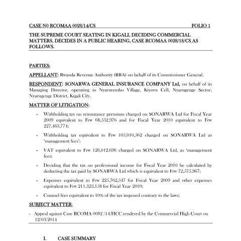 Document preview: Understanding Case No RCOMAA 0028 in Rwandan Administration — Government & admin (CERFA n°case_n0_rcomaa_0028_sonarwa_ltd)