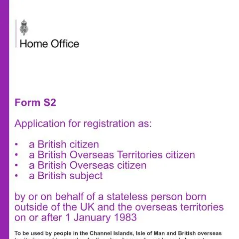 Document preview: British Citizenship Registration for Stateless Persons: Form S2 Guide — Civil status & identity