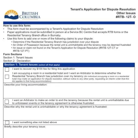 Document preview: Understanding the Tenant's Application for Dispute Resolution - Other — Housing (RTB-12T-O)