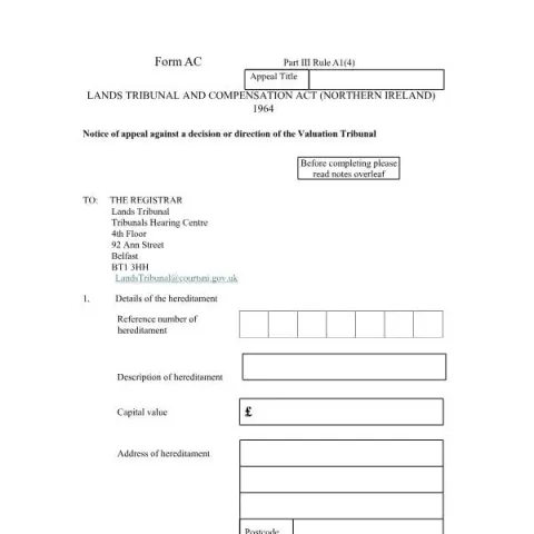 Document preview: Understanding the Notice of Appeal Against Valuation Tribunal — Legal & justice (Form AC)