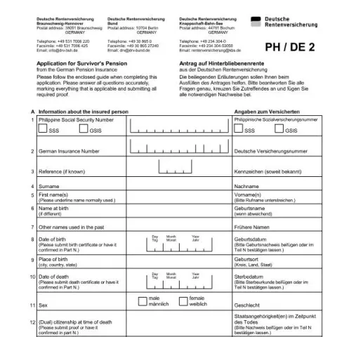 Dokumentvorschau: Formular A7602: Antrag auf Hinterbliebenenrente bei der DRV (Englisch) — Rente & Pension (A7602)