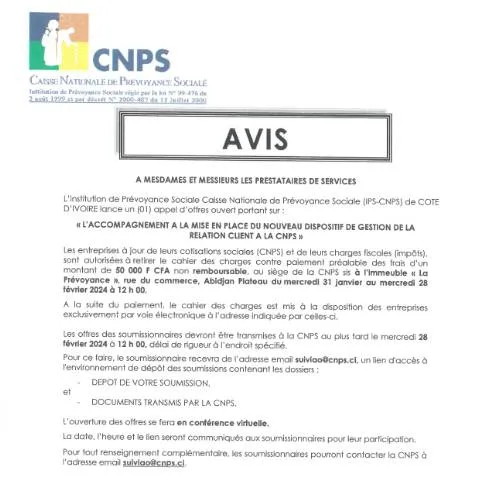 Aperçu du document Optimisez la Relation Client à la CNPS avec cet Appel d'Offres — Démarches administratives