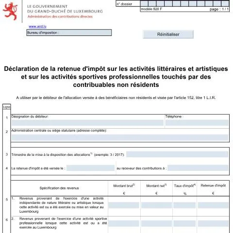 Aperçu du document Obligations fiscales pour artistes et sportifs non résidents au — Impôts & fiscalité (CERFA n°920 F)