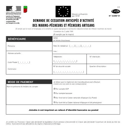 Aperçu du document Arrêt d'activité des professionnels de la pêche maritime — Emploi & travail (CERFA n°12289*01)