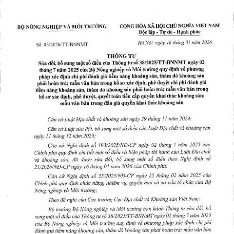 Document preview: Thông tư số 05/2026/TT-BNNMT: Những điểm mới cần lưu ý — Thủ tục hành chính (CERFA n°05/2026/TT-BNNMT)