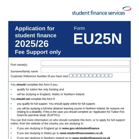 Document preview: EU25N Application Form: Your Gateway to University Fee Support 2025/26 — Government & admin (EU25N)