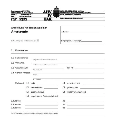 Dokumentvorschau: Wichtige Schritte zur Anmeldung für Ihre Altersrente — Rente & Pension (CERFA n°AHV-IV-FAK-FORM-2-02--Anmeldung_Bezug_Altersrente)