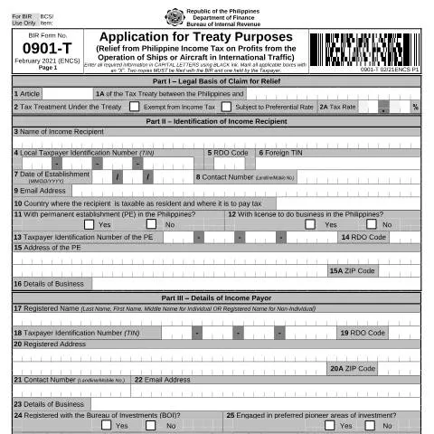 Document preview: Guide to BIR Form No. 0901-T for International Traffic Tax Relief — Taxes (CERFA n°0901-T)