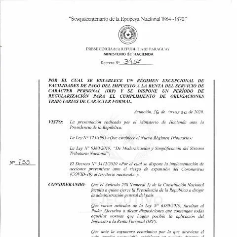 Vista previa del documento Marco normativo del Decreto 3457-20 en Paraguay — Trámites administrativos