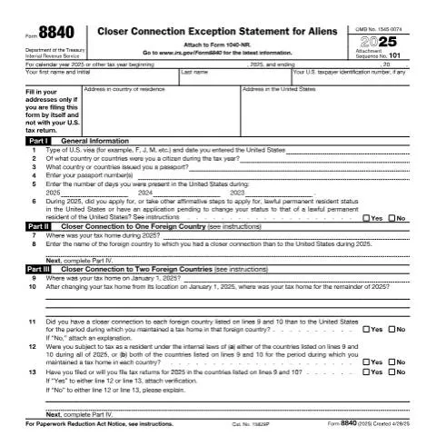Document preview: Navigating IRS Form 8840 for Non-Residents in the U.S. — Taxes (CERFA n°8840)