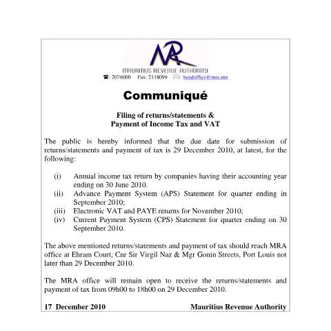 Document preview: Essential Guide to Filing Returns and Tax Payments in Mauritius — Taxes (CERFA n°CommuniqueAnnualReturn20122010)