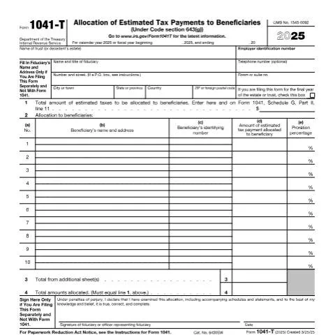 Document preview: Essential Guide to IRS Form 1041-T for Fiduciaries — Taxes (CERFA n°1041T)