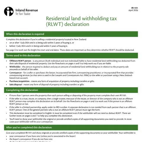 Document preview: A Guide to the Residential Land Withholding Tax Declaration — Property & real estate (CERFA n°IR1101)