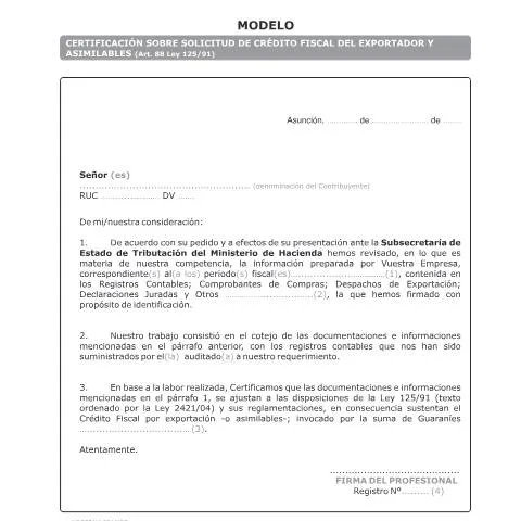 Vista previa del documento Certificación de Solicitud de Crédito Fiscal en Paraguay — Impuestos