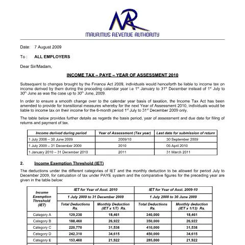 Document preview: Mauritius Income Tax and PAYE Updates for 2010 — Taxes (CERFA n°CircularLetterEmployersAug2009)