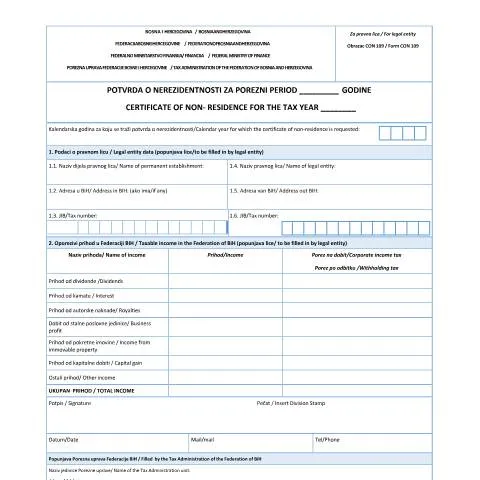 Document preview: Uloga obrasca CON 109 u poreskom sistemu Bosne i Hercegovine — Porezi i fiskalnost (CERFA n°Obrazac CON 109)