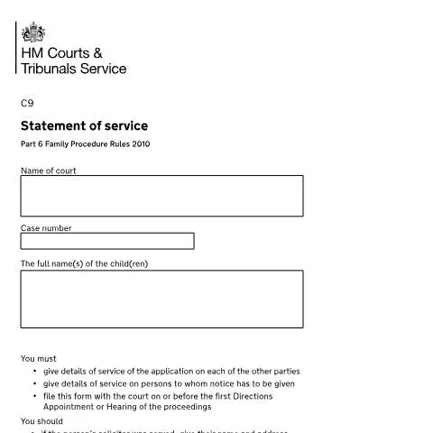 Document preview: How to Complete Form C9 Statement of Service for UK Family Courts — Legal & justice