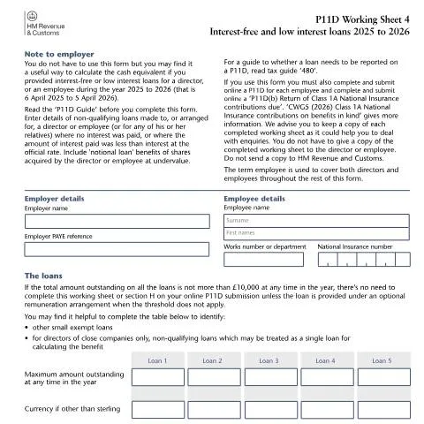 Document preview: HMRC P11D Working Sheet 4: Employee Loan Benefits Calculator Guide — Taxes