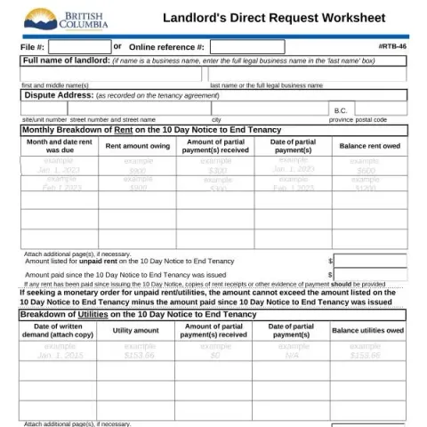 Document preview: Understanding the Landlord's Direct Request Worksheet (RTB-46) for BC — Housing (RTB-46)