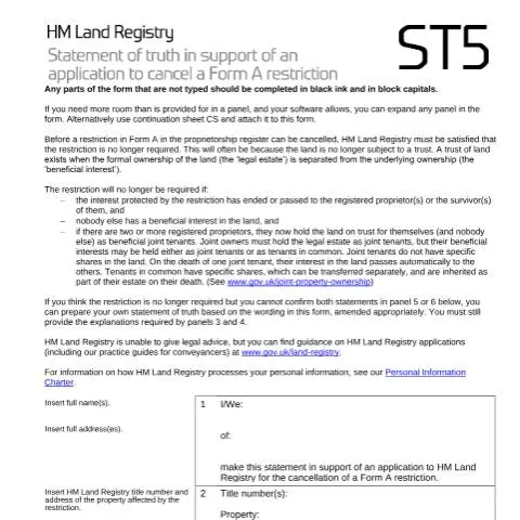 Document preview: HM Land Registry Form ST5: Removing Property Trust Restrictions — Government & admin