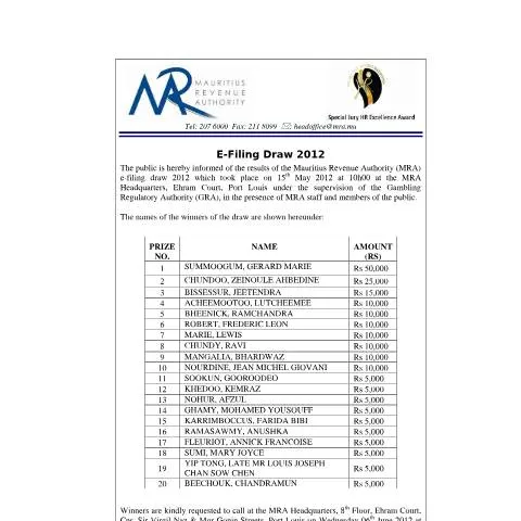 Document preview: Mauritius Revenue Authority E-Filing Winners 2012 — Government & admin (CERFA n°CommuniqueEfilingWinners2012)