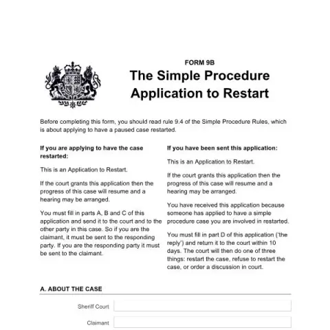 Document preview: Guide to the Application to Restart (Form 9B) in Scottish Courts — Legal & justice (Form 9B)