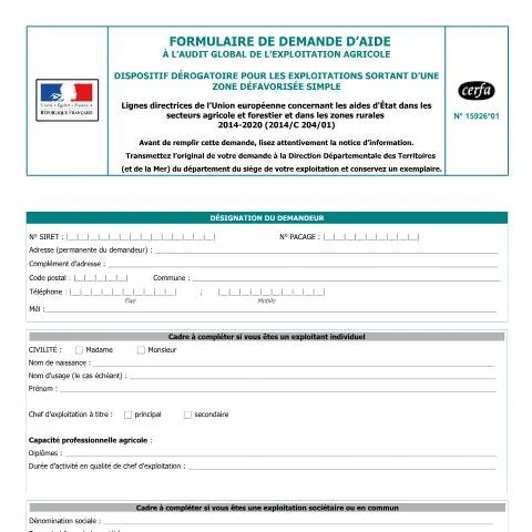 Aperçu du document Audit global d'exploitation agricole : sortie de zone défavorisée — Démarches administratives (CERFA n°15926*01)