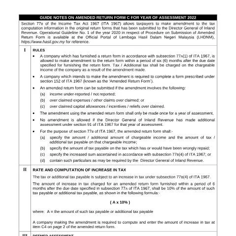 Document preview: Panduan Lengkap untuk Borang C Pindaan 2022 — Cukai & percukaian