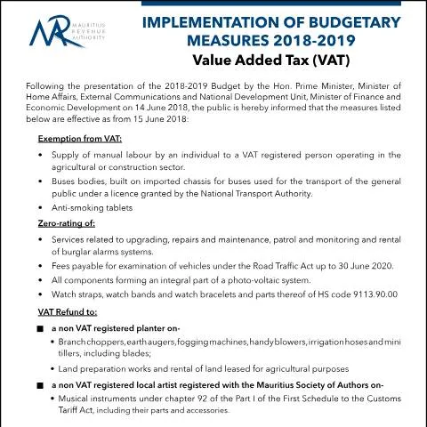 Document preview: Understanding VAT Budgetary Measures in Mauritius — Taxes (CERFA n°VATBudgetaryMeasures)