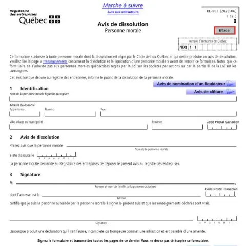 Document preview: Understanding Quebec Business Dissolution and Liquidation Notices (French) — Government & admin (RE-803)
