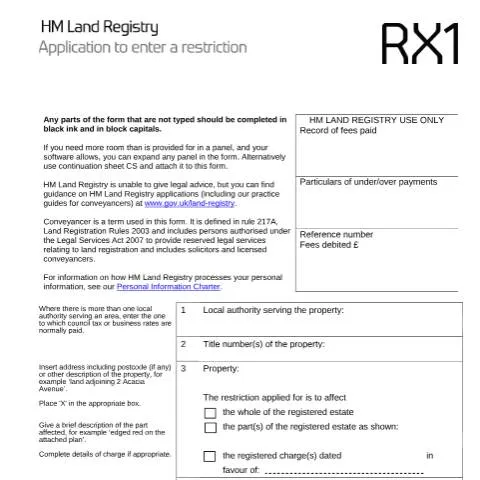 Document preview: How to Register Property Restrictions Using Form RX1 — Housing
