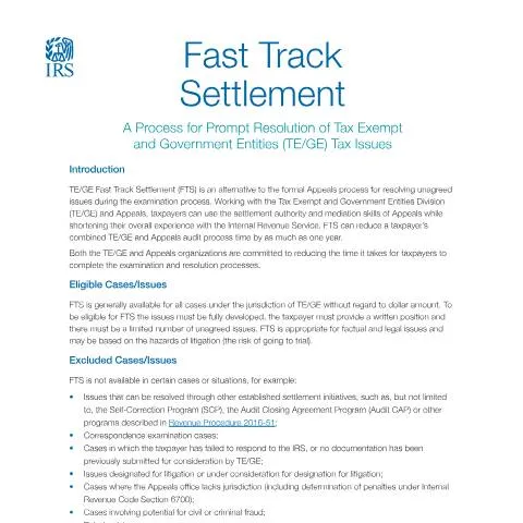 Document preview: Understanding the Fast Track Settlement in IRS Publication 5092 — Taxes (CERFA n°PUB-5092)