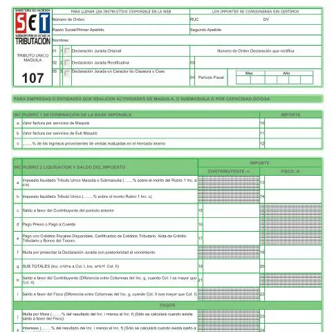 Vista previa del documento Formulario 107 en Paraguay: declaración jurada para maquila y — Impuestos (CERFA n°F107)